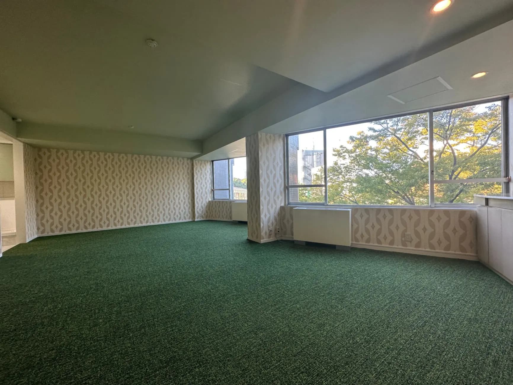 緑色のカーペットが敷かれた広々としたリビングルーム、壁にはジオメトリックパターンの壁紙、大きな窓から陽光が差し込むインテリア