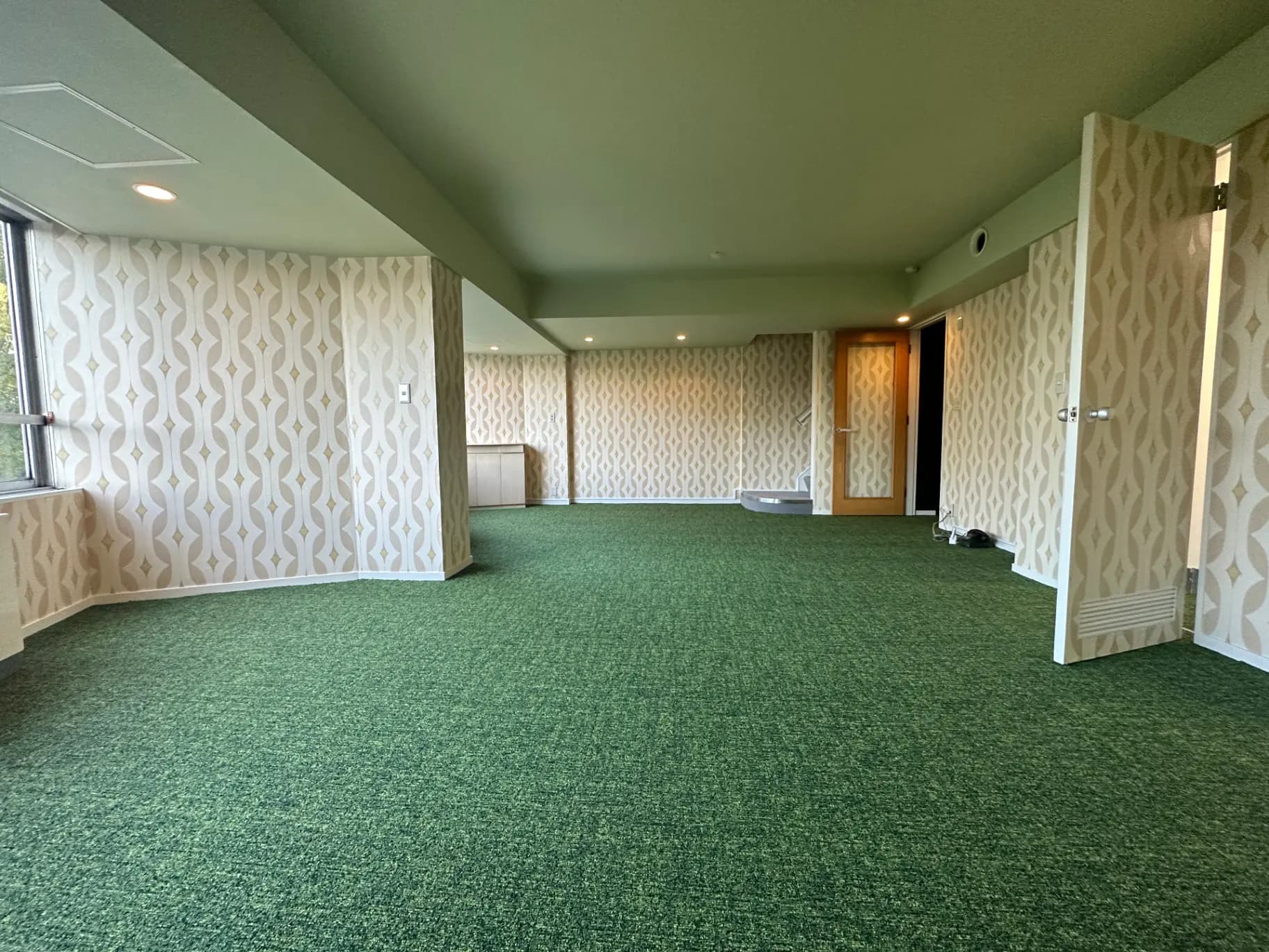 広々とした緑色のカーペットが敷かれた部屋、モダンな壁紙と自然光が入る窓