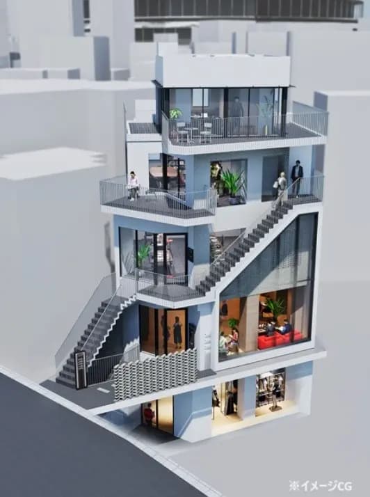 多層階建築のカットアウェイ図、外階段が特徴的なモダンなオフィスビルディング、内部に植物を配したオープンスペースデザイン