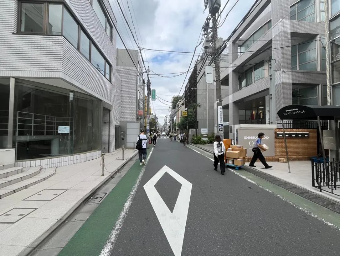 都市の日常風景、歩行者とビルが並ぶ通り、自転車道と白い進行方向矢印