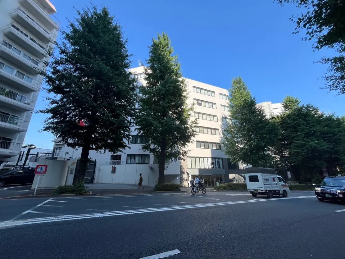 - 青空の下、緑豊かな大きな木に囲まれたモダンなビルと車両、通行人が歩く街の風景
