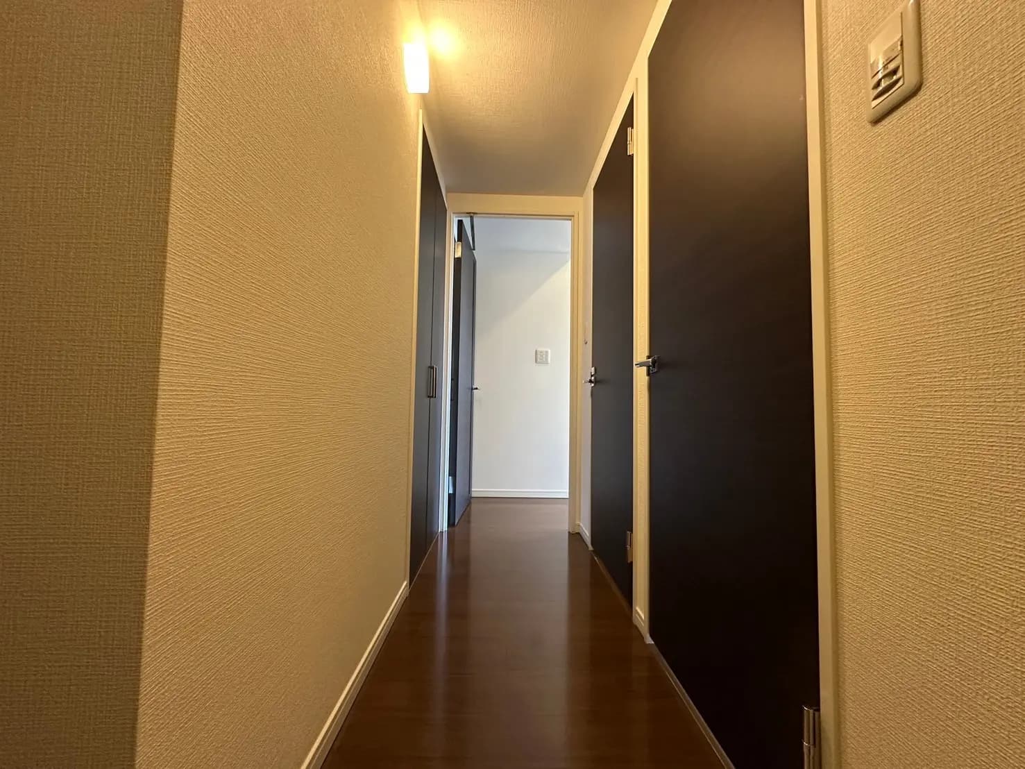 シンプルなデザインの室内廊下、茶色のフローリング、白い壁、照明付き