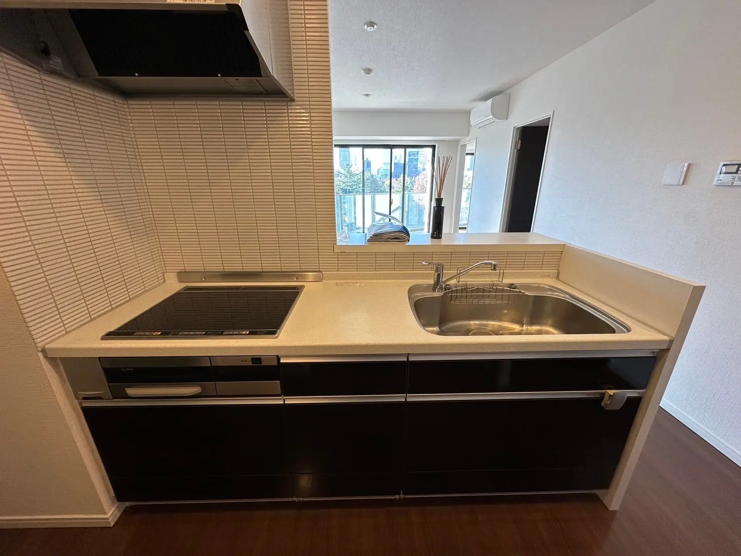 コンパクトでモダンなキッチン、ビルトインコンロと換気扇、ダークブラウンの収納キャビネット