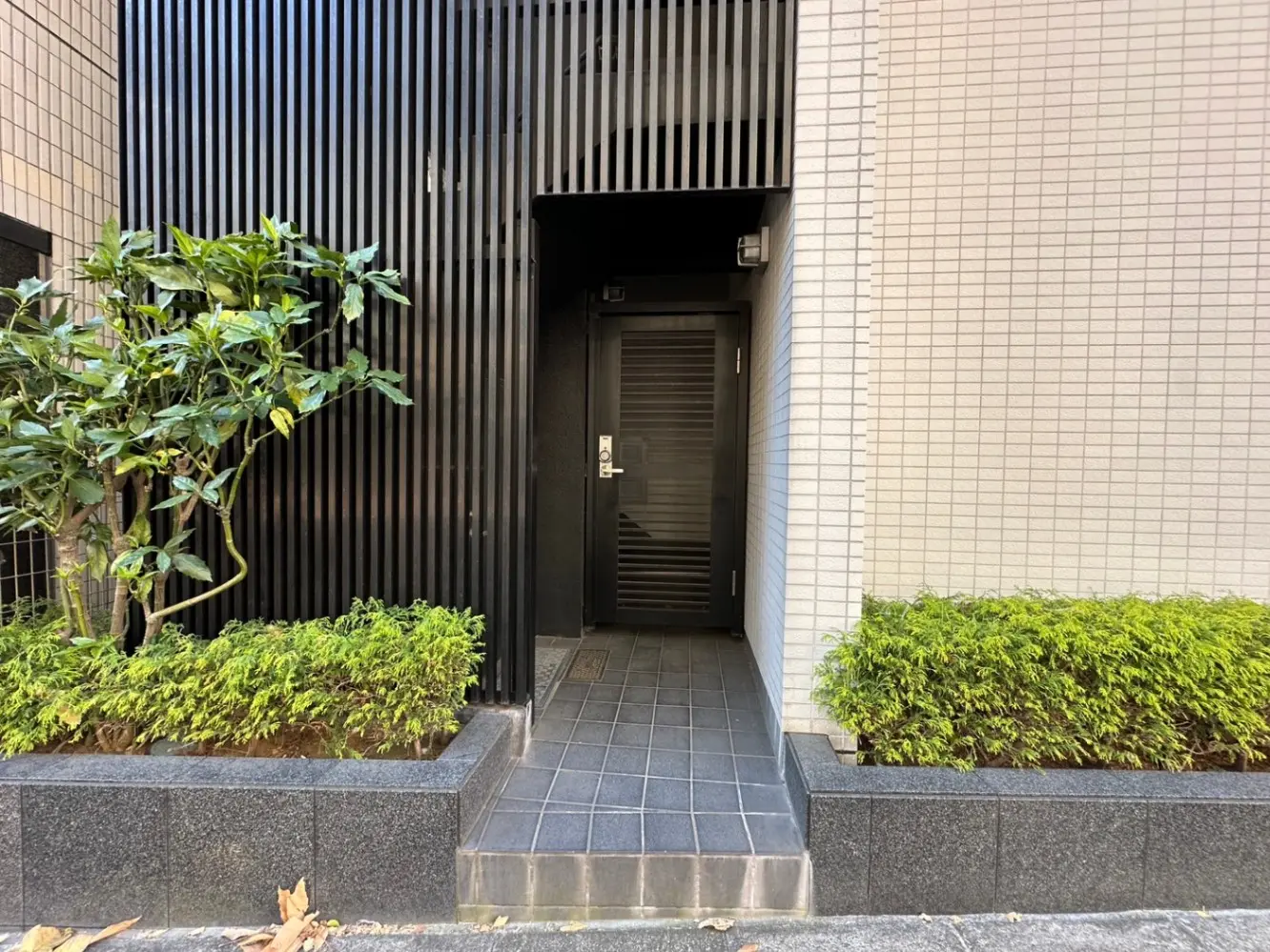 モダンな外観の建物入口、黒いストライプの壁と植栽、スタイリッシュなドアデザイン