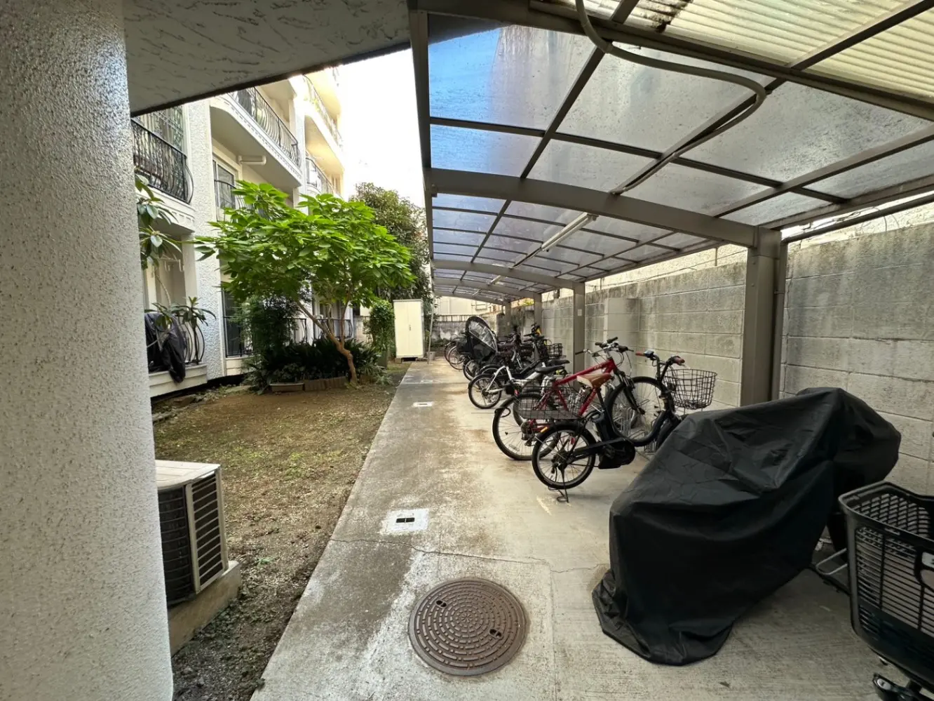 アパートの駐輪スペース、屋根付き、壁沿いに並ぶ自転車、緑の植物とマンションの外観