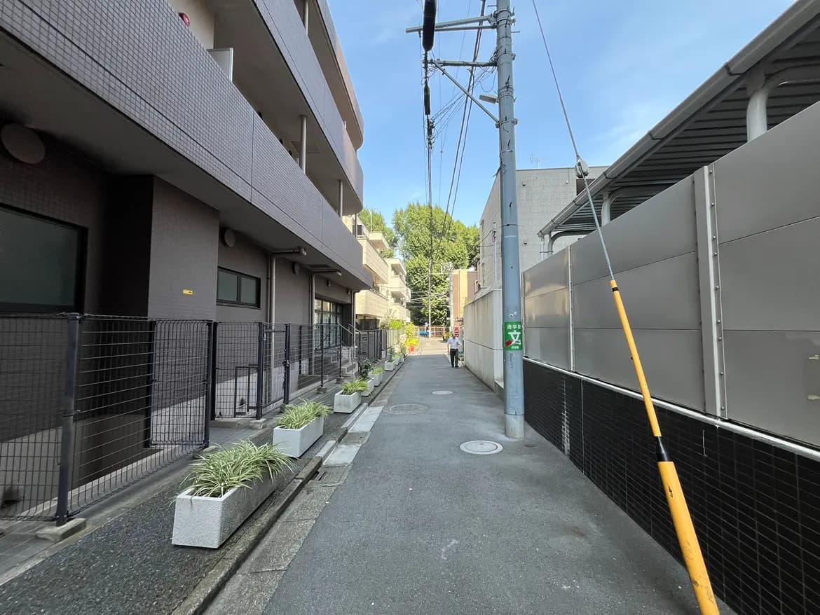 - 緑の植物が並ぶ狭い道路と周囲の建物、青空が広がる住宅街の風景