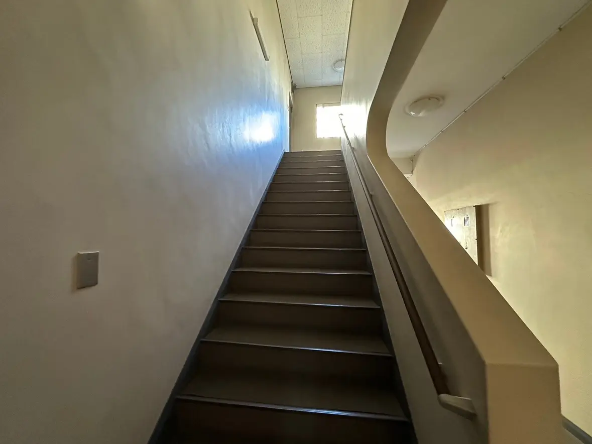 屋内の階段と手すり、自然光が差し込む窓とシンプルな壁面デザイン