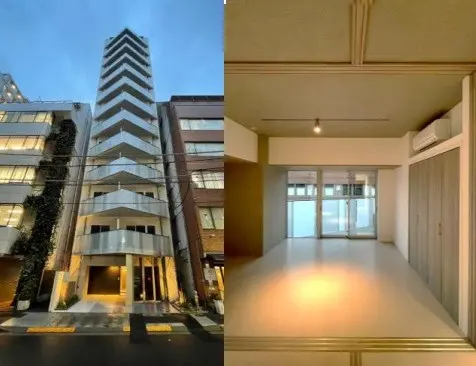 高層ビルとそのエントランス、シンプルなデザインの都会的な風景 - 明るい室内と白い壁、クリーンなキッチンカウンターのある新築マンションのリビングルーム