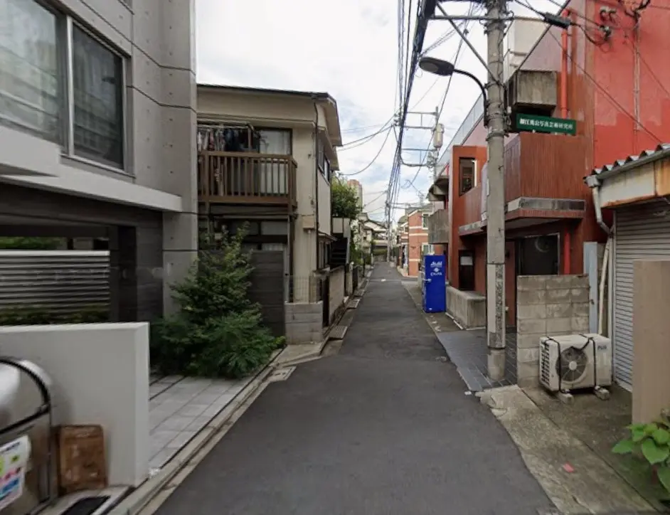 日本の住宅街の静かな通り、家々のファサードと街路樹