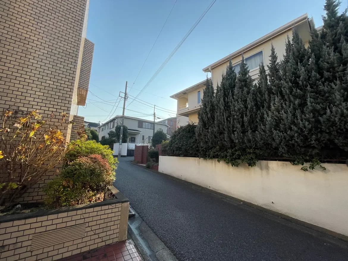 住宅街の静かな通り、朝日を浴びる家々と街路樹、晴れた日の郊外風景