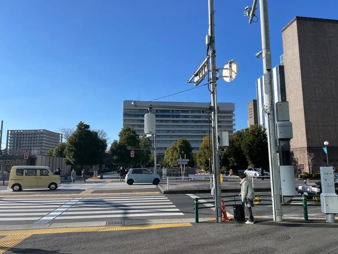 晴れた日の都市風景、歩行者信号待ち、ビル群と横断歩道