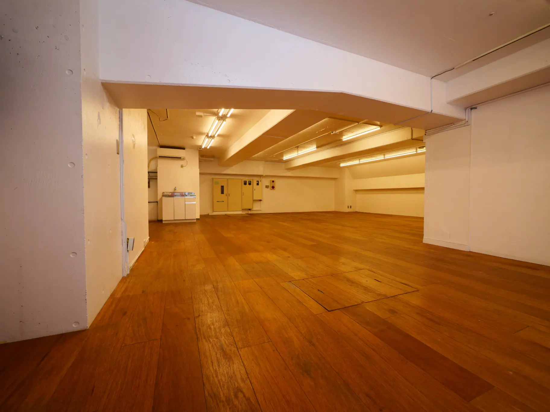 開放感のある広々とした木のフローリング、キッチンスペース付きの多目的ルーム