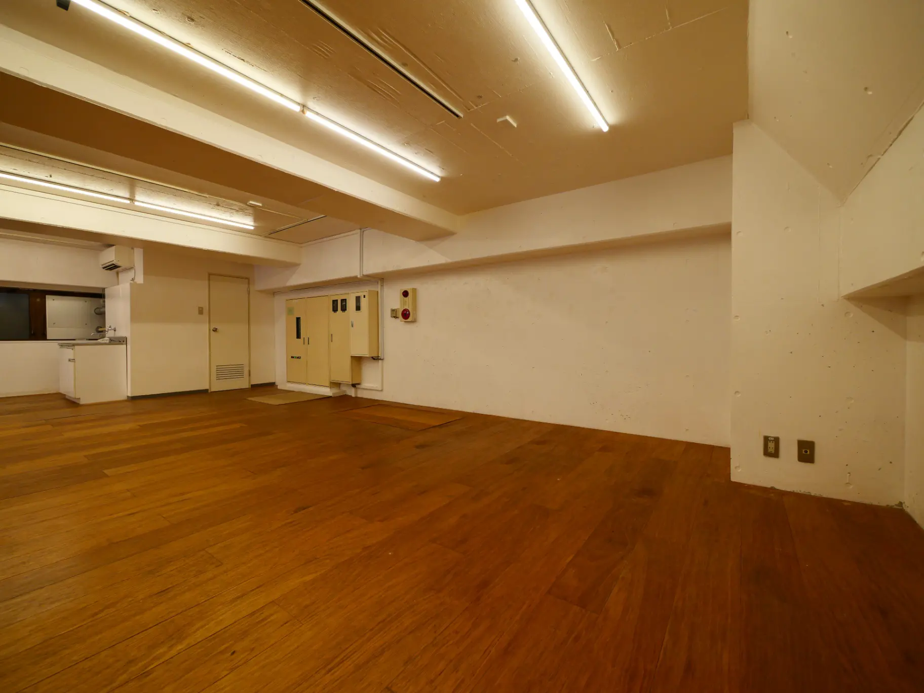 広々とした空間、木目調のフローリング、天井の長い照明が特徴のシンプルなインテリアデザインの部屋