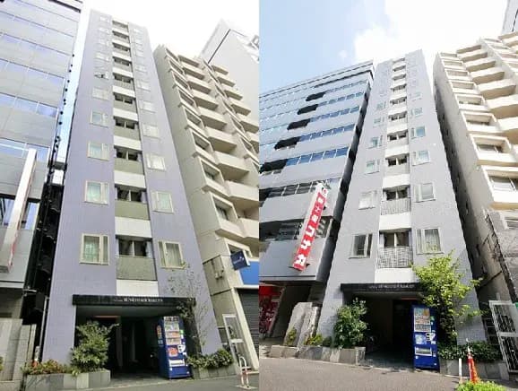 - 都市型の高層ビルと併設された賃貸マンションのファサード、シンプルでモダンな外観デザインの建物