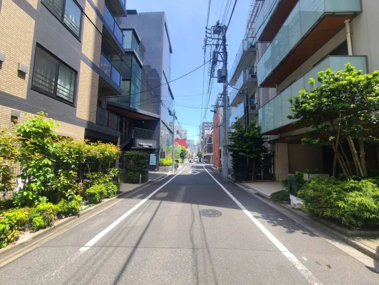 - 都市のマンションと住宅が並ぶ静かな通り、青空と電柱、緑豊かな植栽が調和した風景