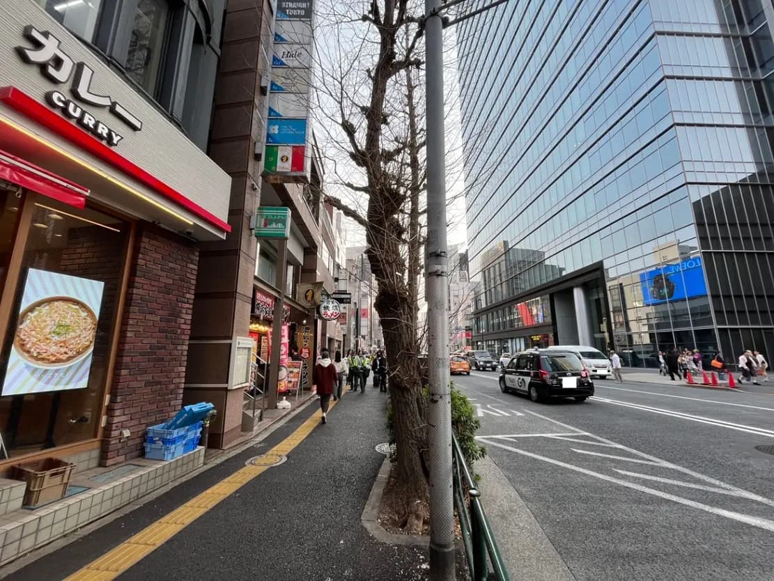 日本の都市の通りの風景、カレー店の看板、モダンなビルの外観、行き交う人々と車