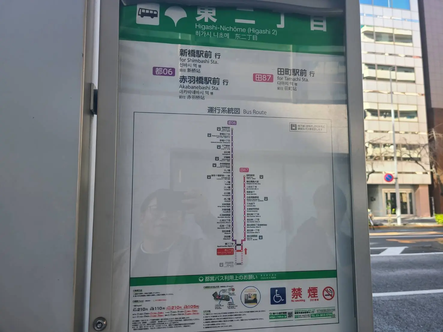 バス停の時刻表と路線図、多言語表示あり、日本の都市の公共交通情報サイン