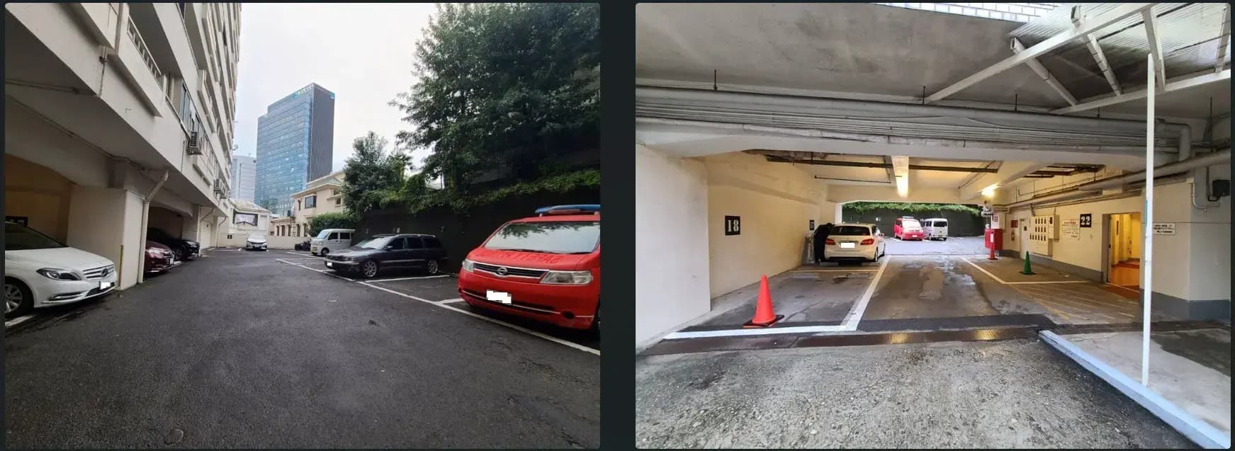 ビルの屋外駐車場と屋根付き駐車スペース