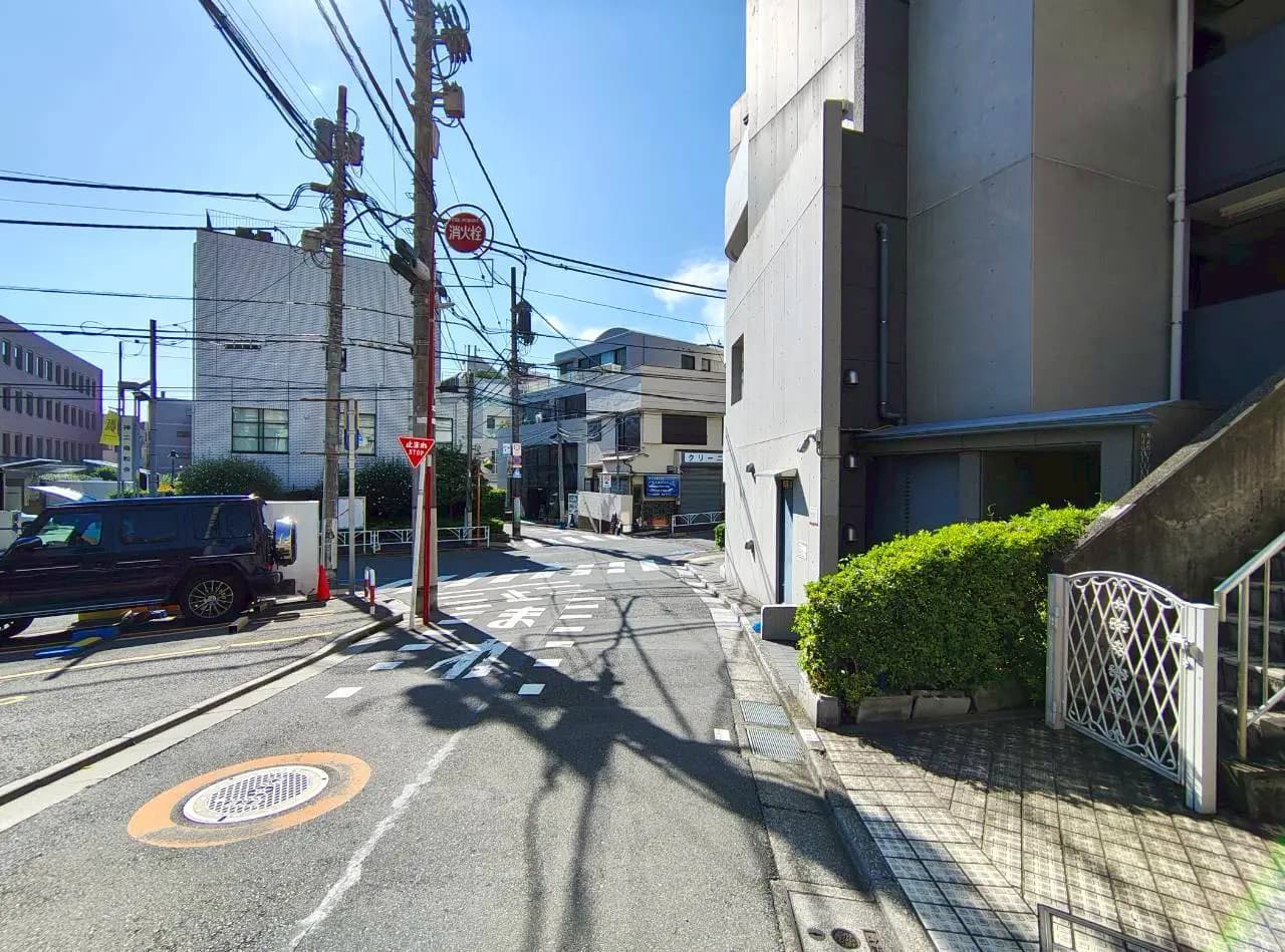 - 住宅街の交差点、周囲に建物が立ち並び、青空と電線が見える風景、黒い車と緑の植栽が特徴的な場所