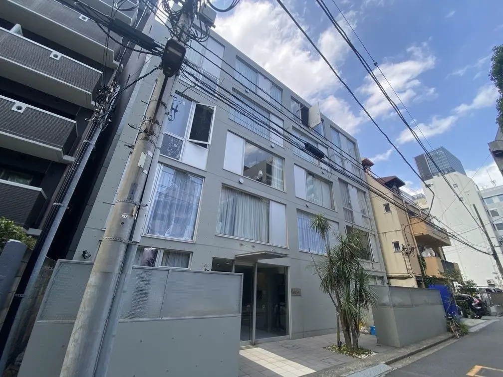 - モダンな外観のマンション、周囲に電柱と電線があり、晴れた空の下で撮影された都市の風景