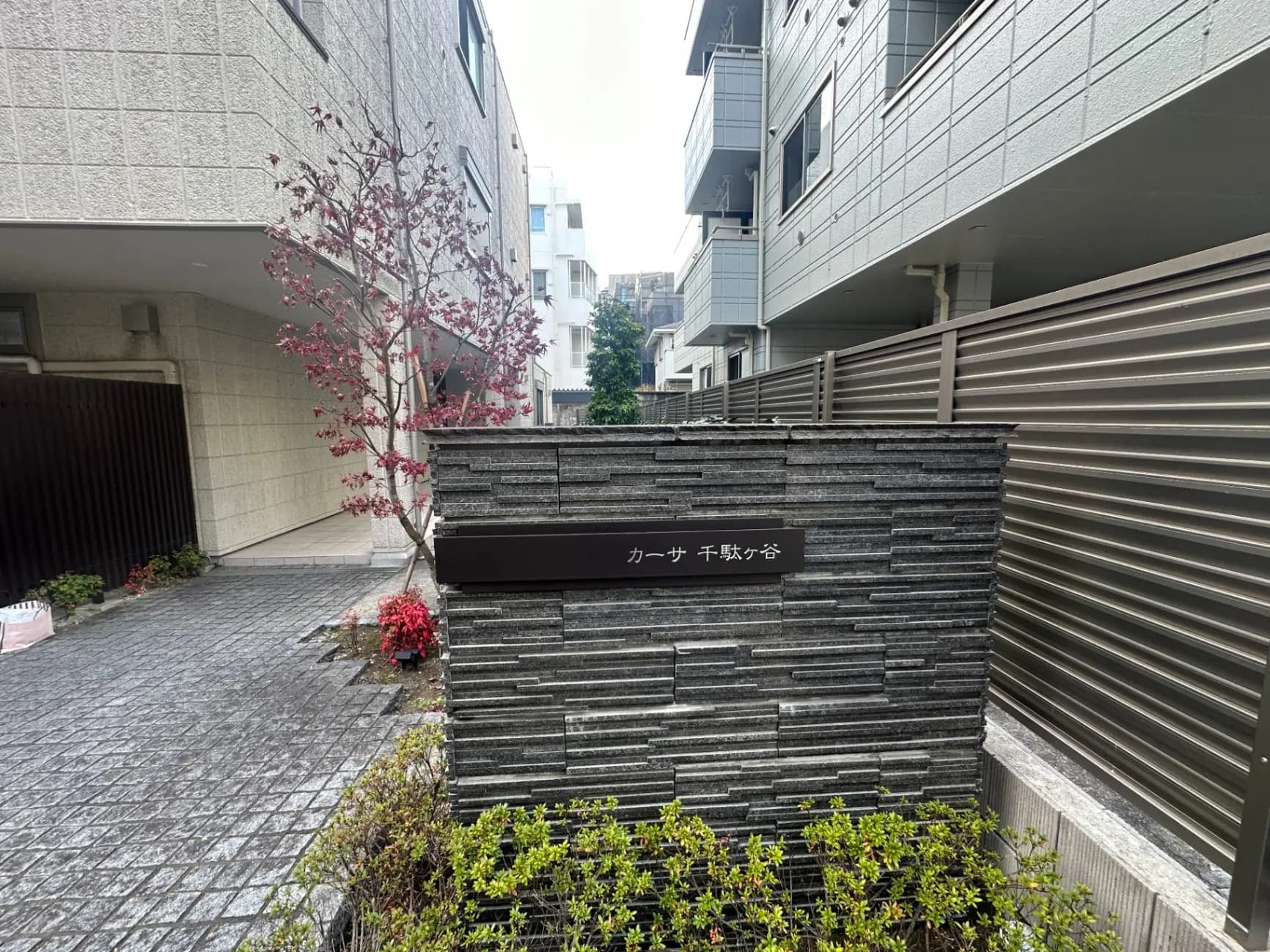 都市のアパートメントのエントランス、石造りの壁、春に咲く桜の木