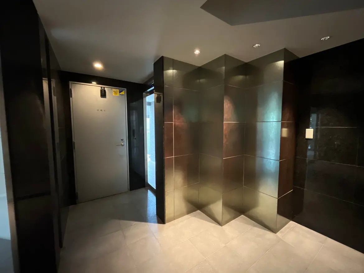 - シックな黒いタイルの壁と明るい照明の洗練されたエントランスホール、奥には玄関ドアが見えるインテリア