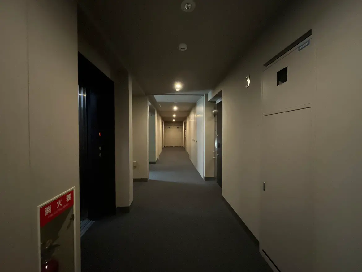 - 照明が明るい現代的なマンションの廊下、エレベーターと部屋のドアが並ぶ長い通路、シンプルな内装とカーペットの床