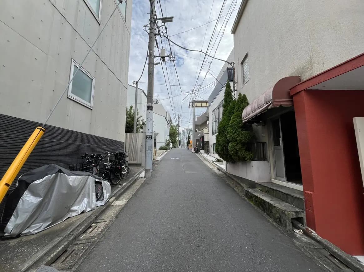 都市の住宅街の狭い道、モダンな建物と伝統的な住宅の混在、日本の街並み