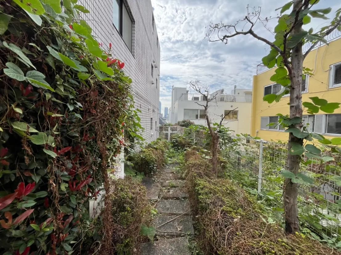 都市の中の小さな庭園と緑の遊歩道、周囲には建物と空の眺め