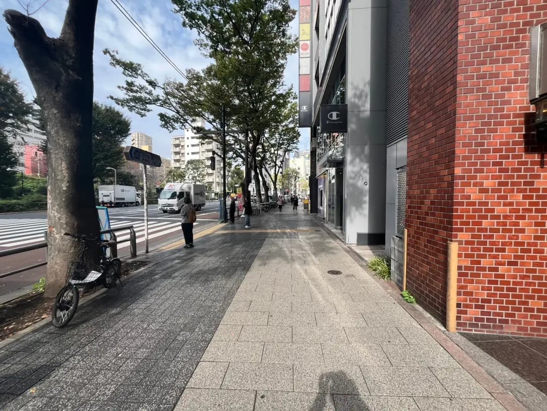 都会的な通りの風景、歩行者と自転車、晴れた日の街路樹と赤レンガの建物