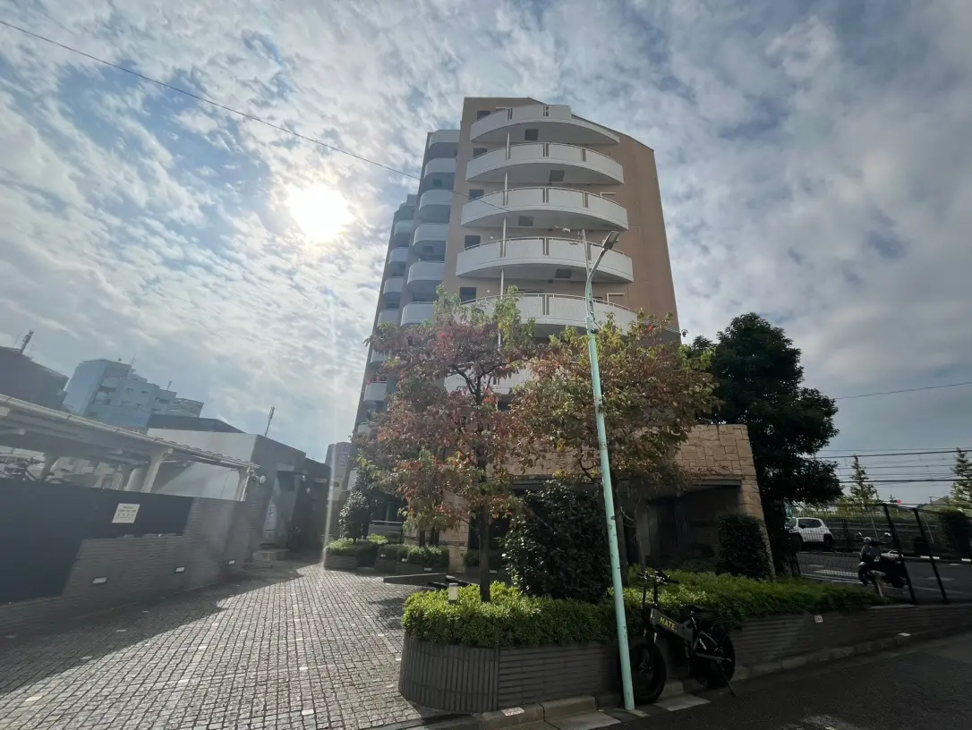 晴れた日の都市風景、マンション、街路樹、歩道と青空