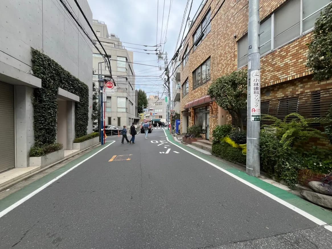 日本の都市の道路と歩行者、街路樹と電柱、石畳の歩道