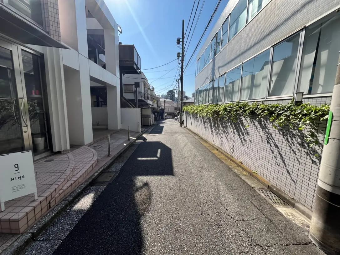 日差しの強い日に静かな住宅街の狭い道、モダンな建物と植栽のあるフェンス