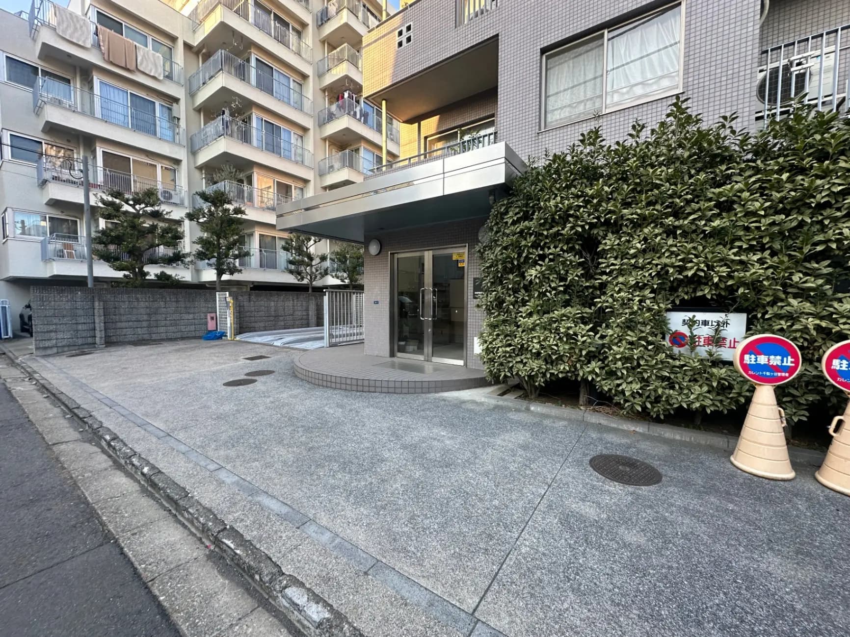 都市のマンション入口と植木、清掃された歩道と駐車禁止の表示
