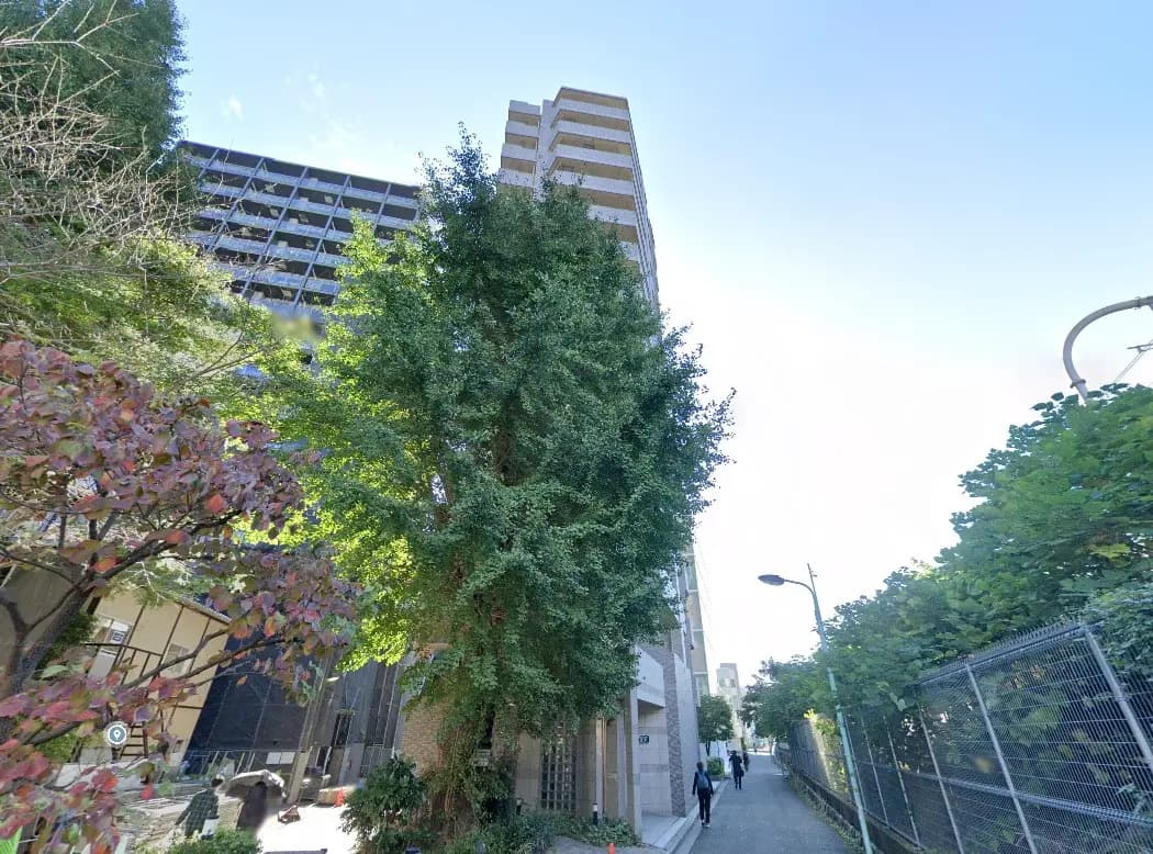 高層ビルの前にある大きな木と紅葉している植物、周囲を歩く人々がいる街並みの風景