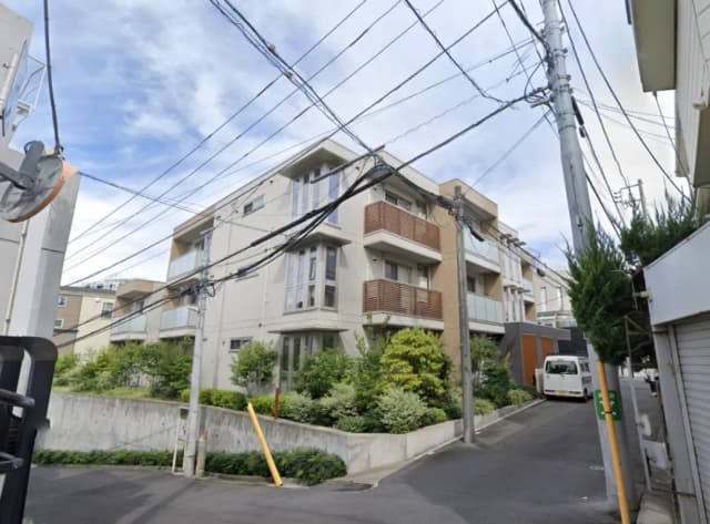 - 住宅街にあるモダンなアパートメントビル、周囲には緑豊かな植栽と電柱が立ち並ぶ風景