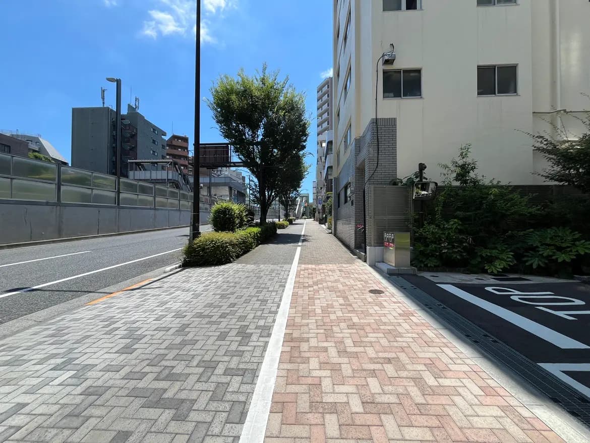 - 明るい青空の下、歩道に沿って並ぶ街路樹と石畳の通り、近隣の建物が見える風景