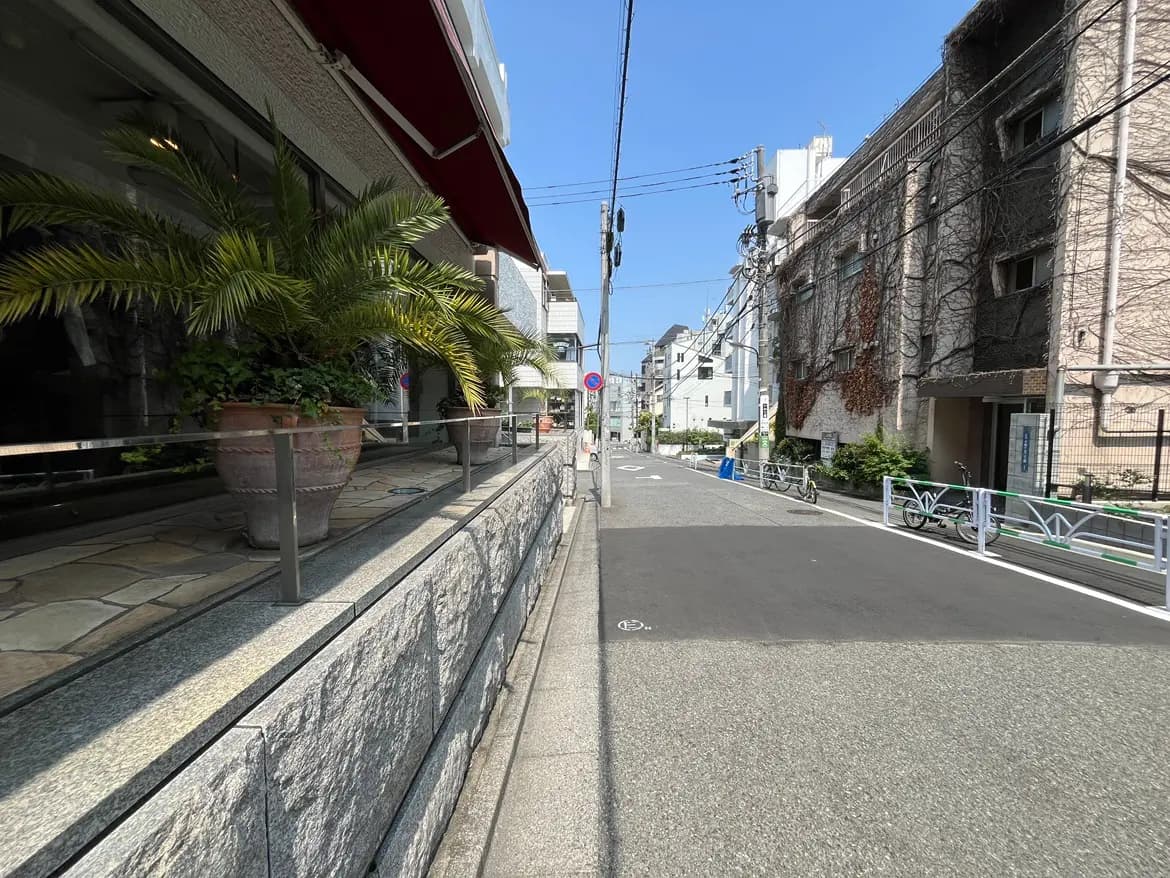- 自然の光が差し込む静かな通り、石造りの歩道と観葉植物が置かれたカフェの前景、青空が広がる晴れの日の風景
