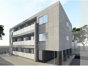 - コンクリート外壁の近代的な3階建てアパートメント、バルコニーと大きな窓を備えた外観デザイン