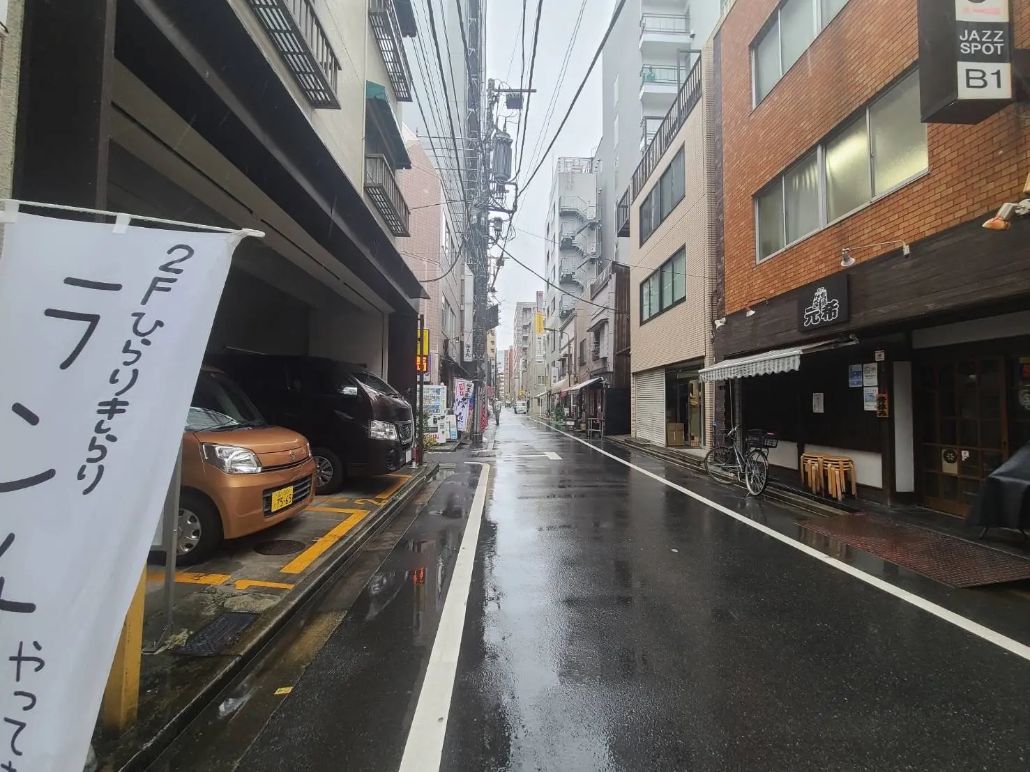雨の日の都市の風景、濡れた路面、店舗の入口、バナー、電柱と線路、曇り空