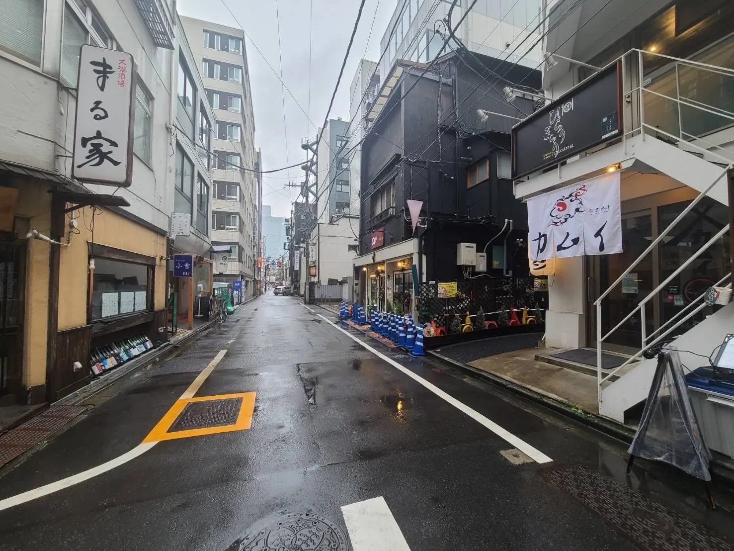 雨の日の日本の都市の通り、看板や店舗が立ち並ぶ静かな風景