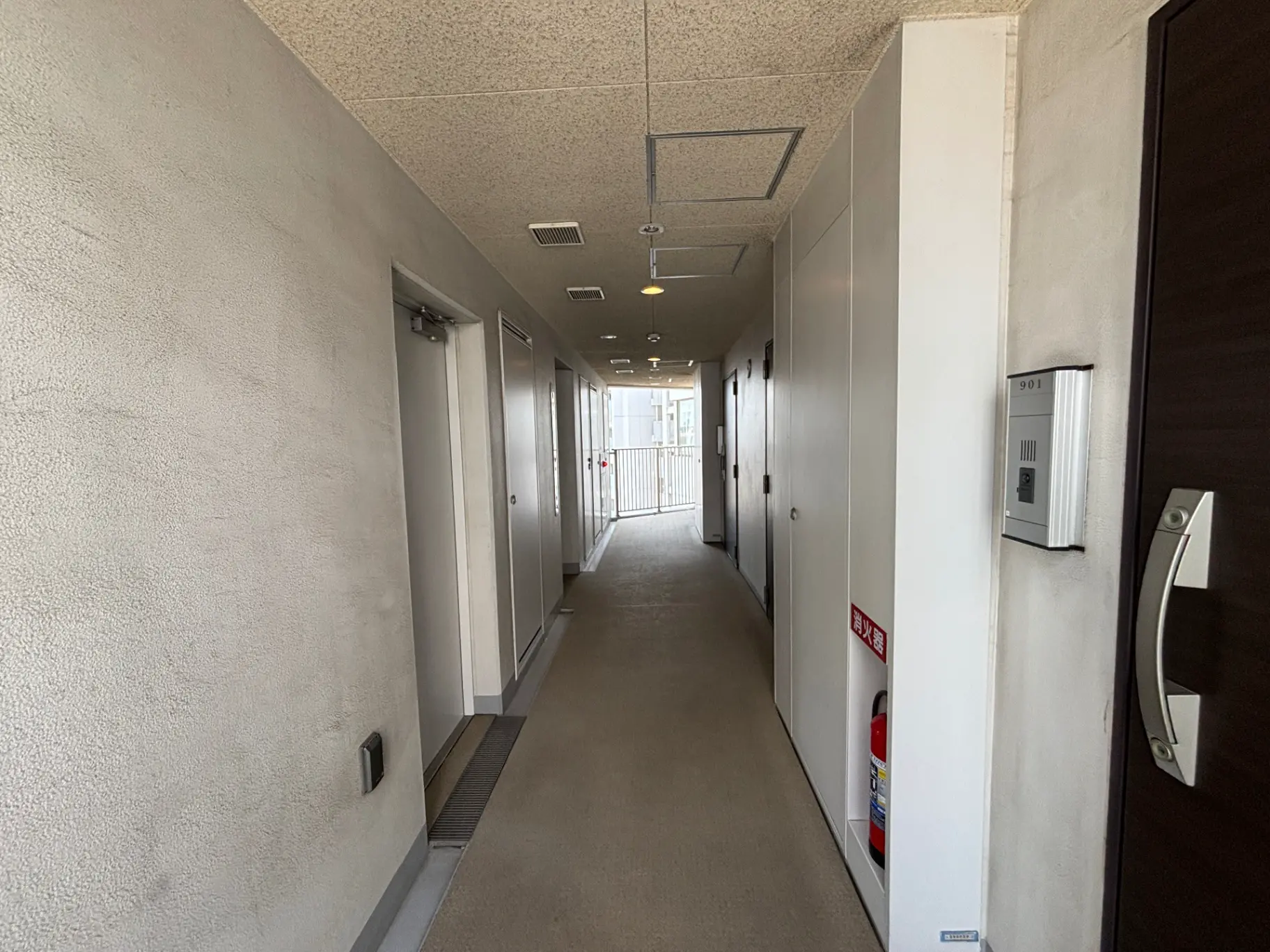 - 明るい色調のマンションの廊下、両側に部屋のドアが並び、窓から外光が差し込む静かな空間