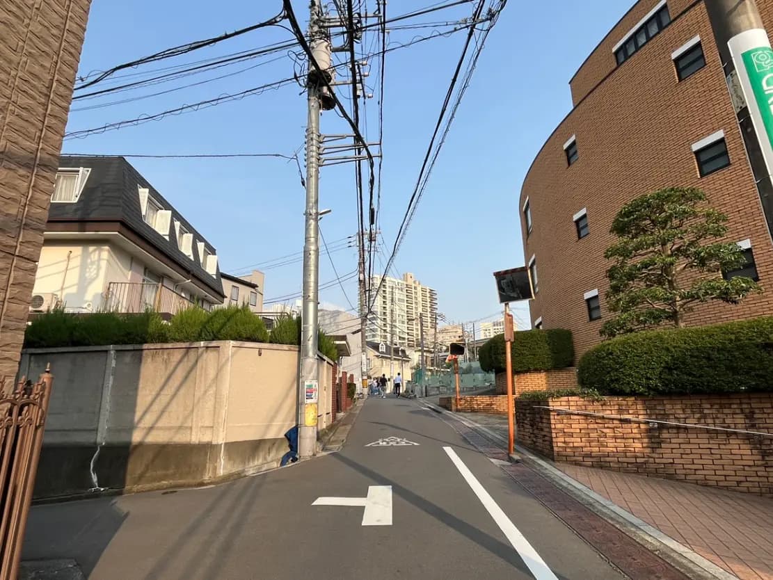 - 都市の住宅街、電線が張り巡らされた狭い道沿いに立つモダンな建物と緑の植栽が見える風景