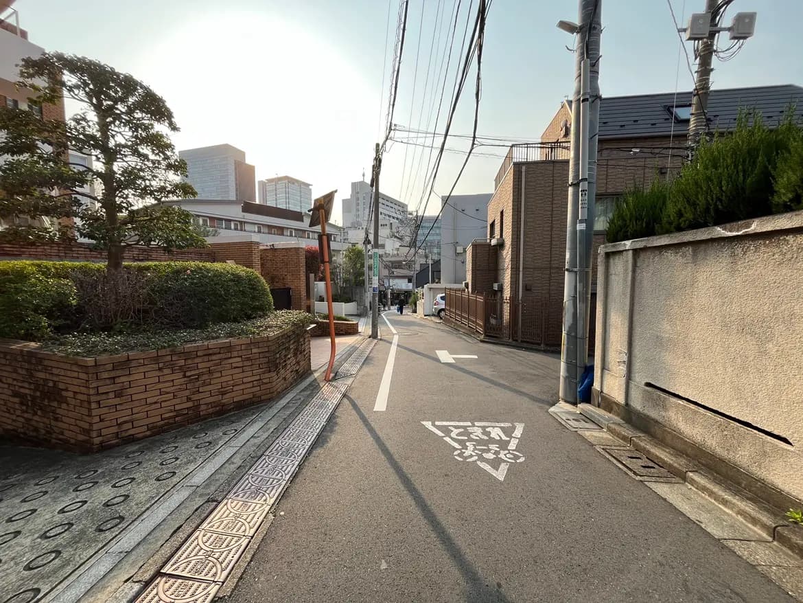 - 住宅街の狭い通り、植え込みやレンガの壁、背後に高層ビルが見える風景