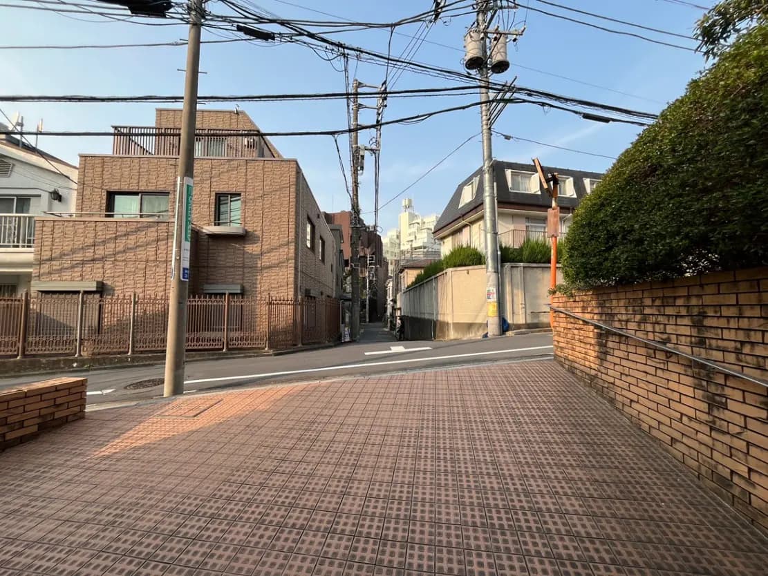 - 住宅地の風景、タイル張りの歩道と電柱、近隣の建物が見える穏やかな街並みの景色