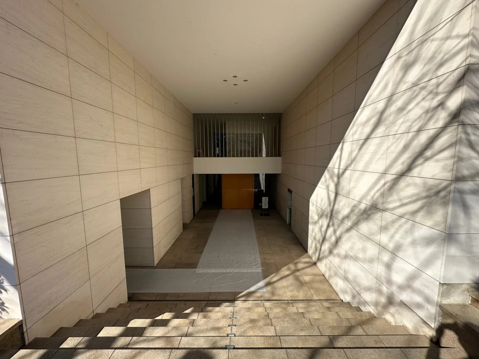 現代的な建築スタイルのエントリーホール、自然光が差し込む明るい通路、幾何学的な影のデザイン