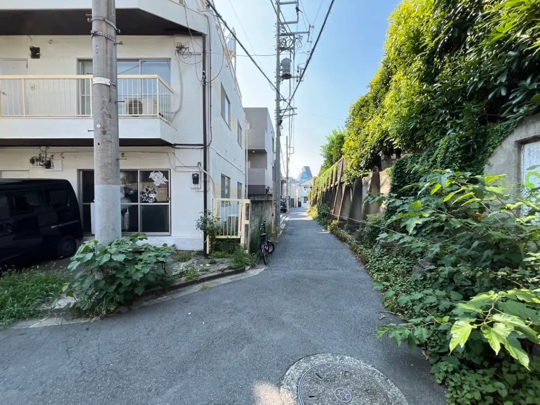 - 緑あふれる路地と白い建物、近くに停まっている黒い車、周囲の自然が調和する風景