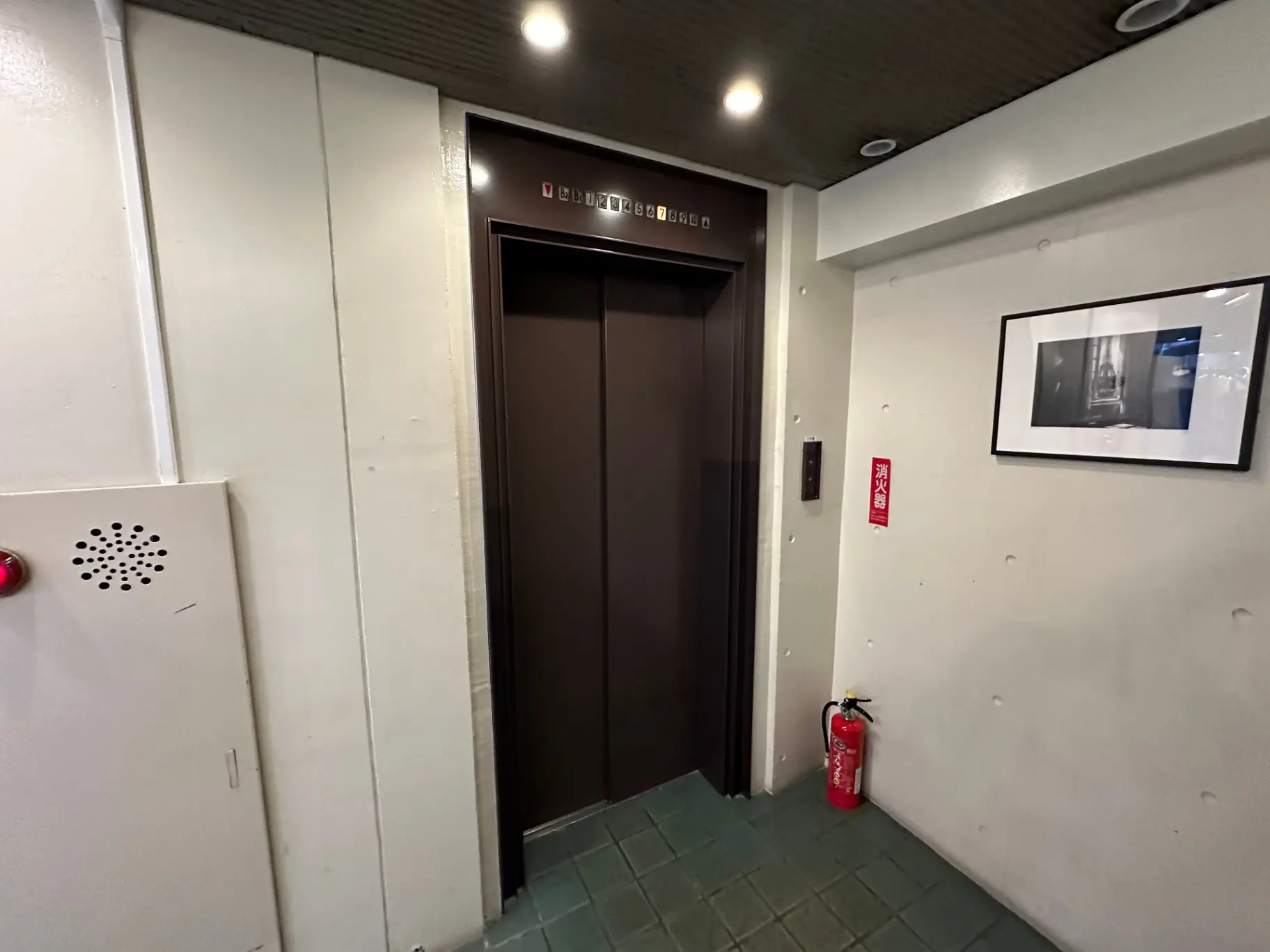 ビルのエレベーターホール、閉じたエレベーターの扉、壁には写真のフレームと消火器が設置されているインテリア