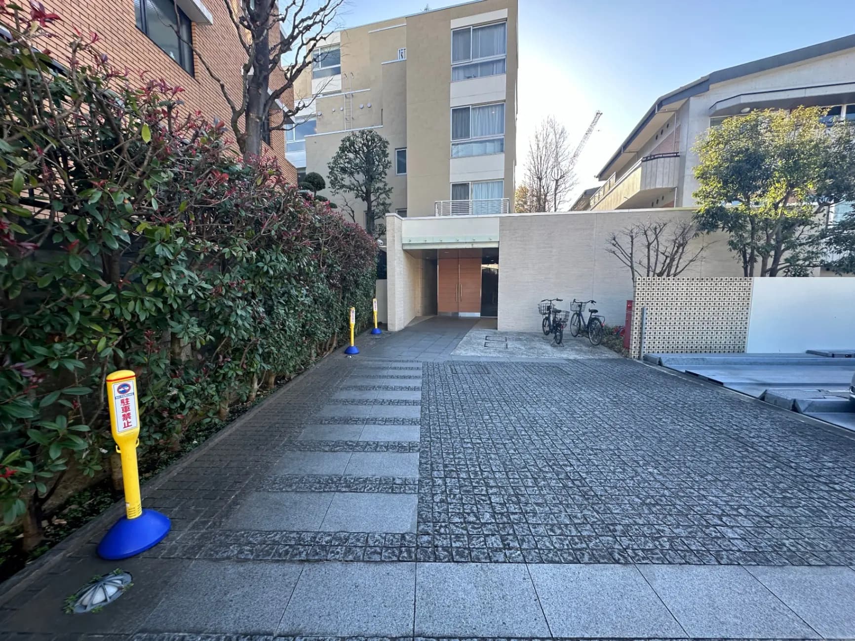 都会のアパートの駐輪場、石畳の歩道と緑豊かな植栽、自転車が停められている光景