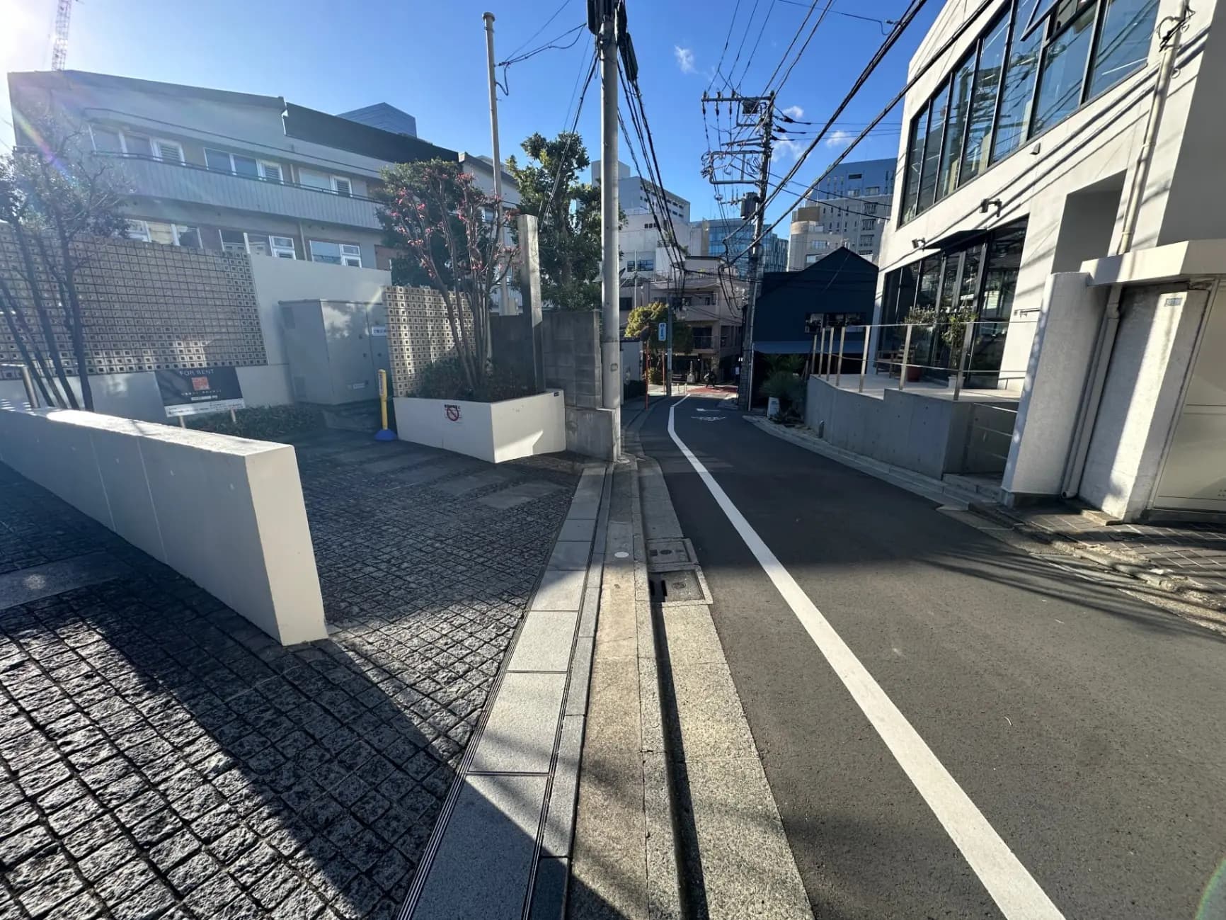 日本の都市風景、道路沿いの建物と電柱、晴れた日の歩道と街路樹